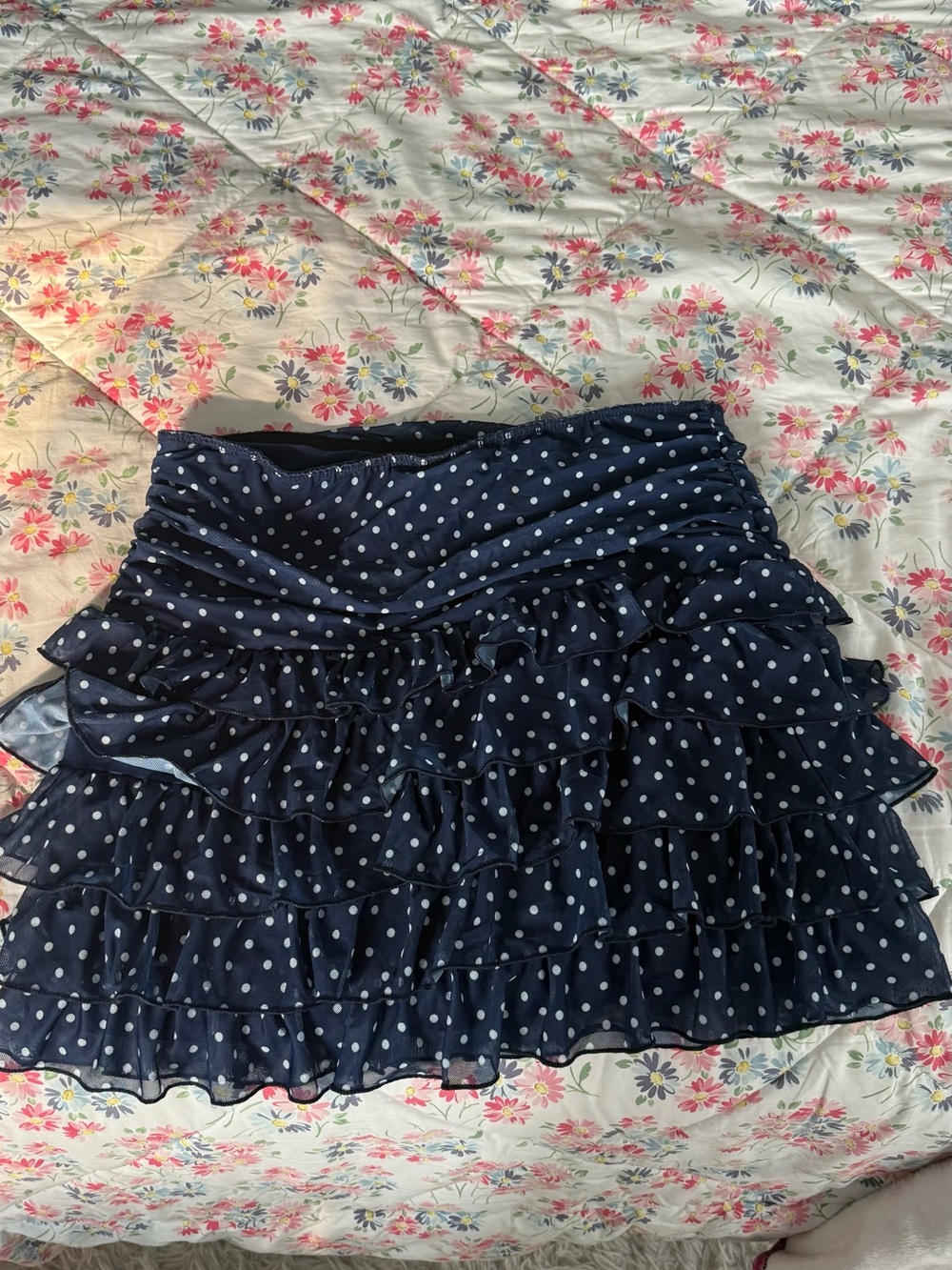 Amazon Navy Polka Dot Ruffle Midi Skirt